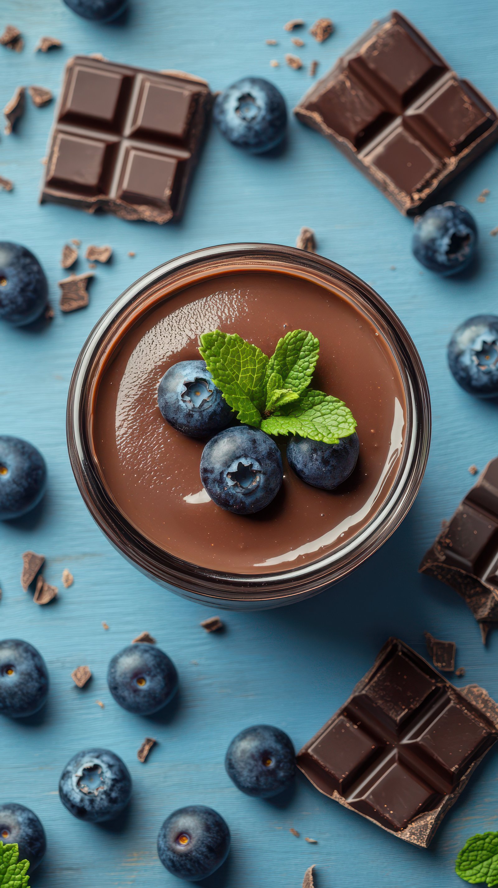 Creamy chocolate dessert topped with fresh blueberries and mint leaves on a blue background